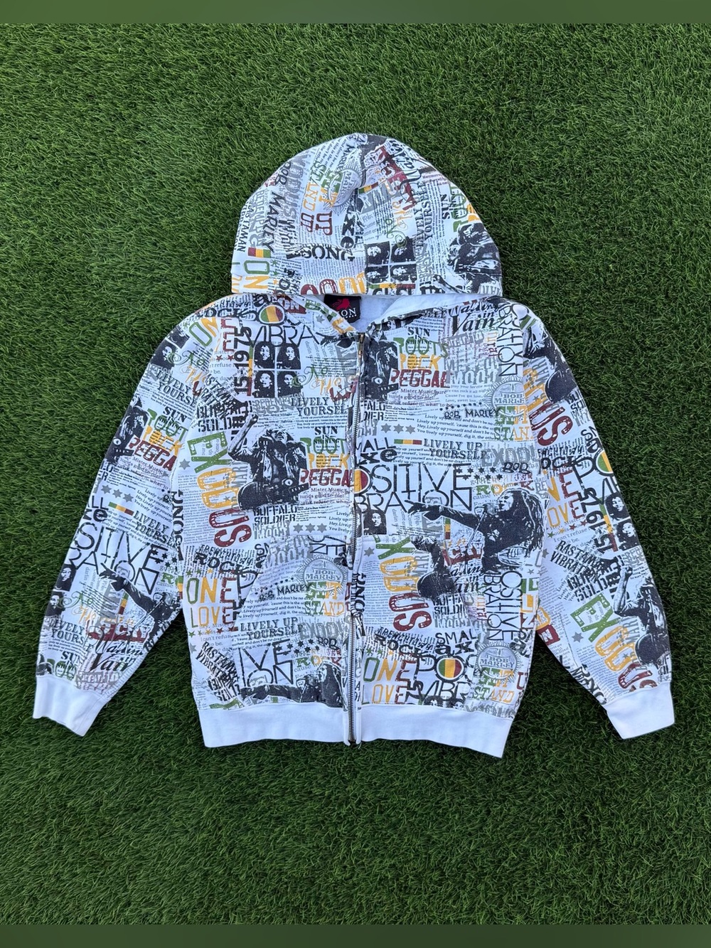VTG Y2K Bob Marley AOP Hoodie Zion Rootswear Zip Up Graphic Sweatshirt Sz Small